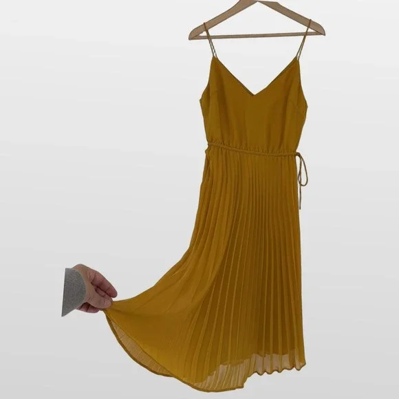 ASOS Pleated Midi Dress 4 Mustard Yellow Spaghetti Strap Elegant Wedding Guest - Picture 7 of 9